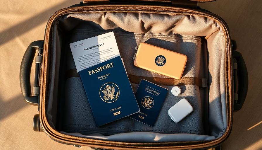 Open suitcase with passport and travel health kit