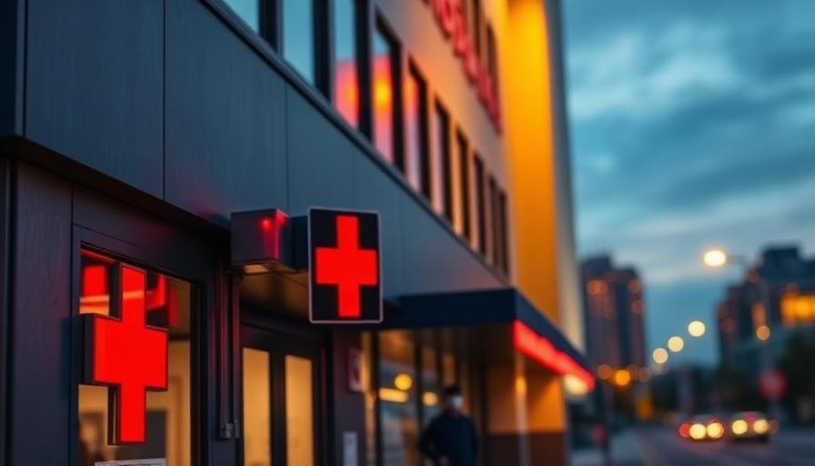 Red emergency cross sign on a hospital exterior at dusk