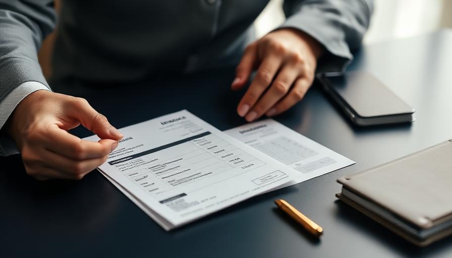 Hands organising a medical invoice and insurance documents on a desk