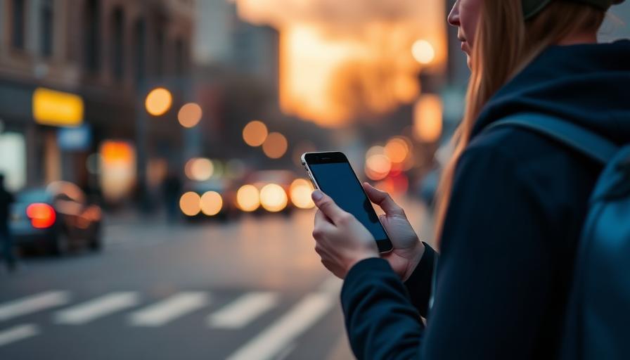 Traveller searching on a smartphone in a city street at dusk