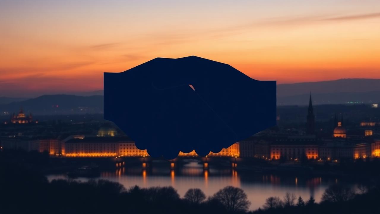 Prague skyline at dusk with a handshake silhouette symbolising partnership