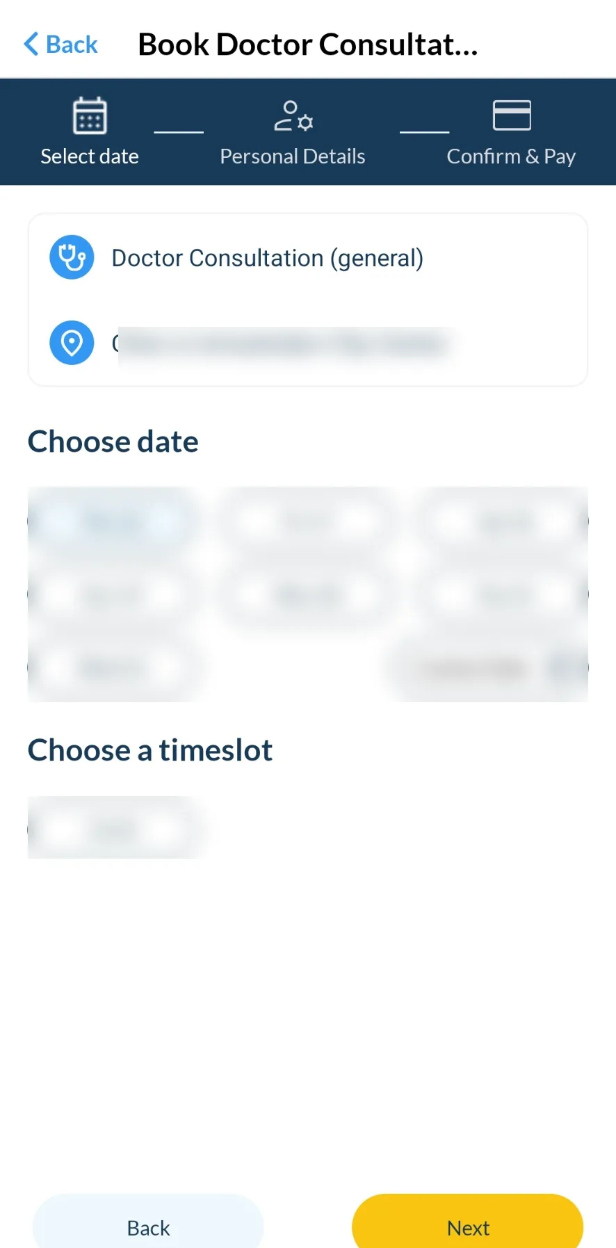 Health4Travel app date and timeslot selection with dates obscured