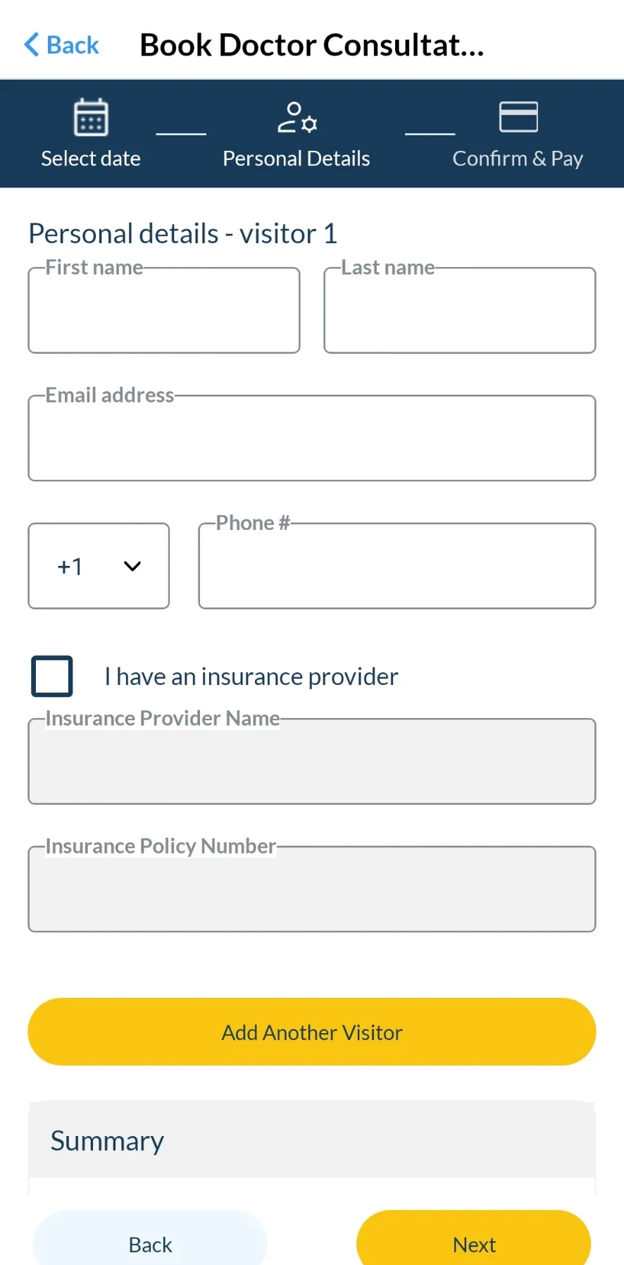 Health4Travel app personal details form in the booking flow
