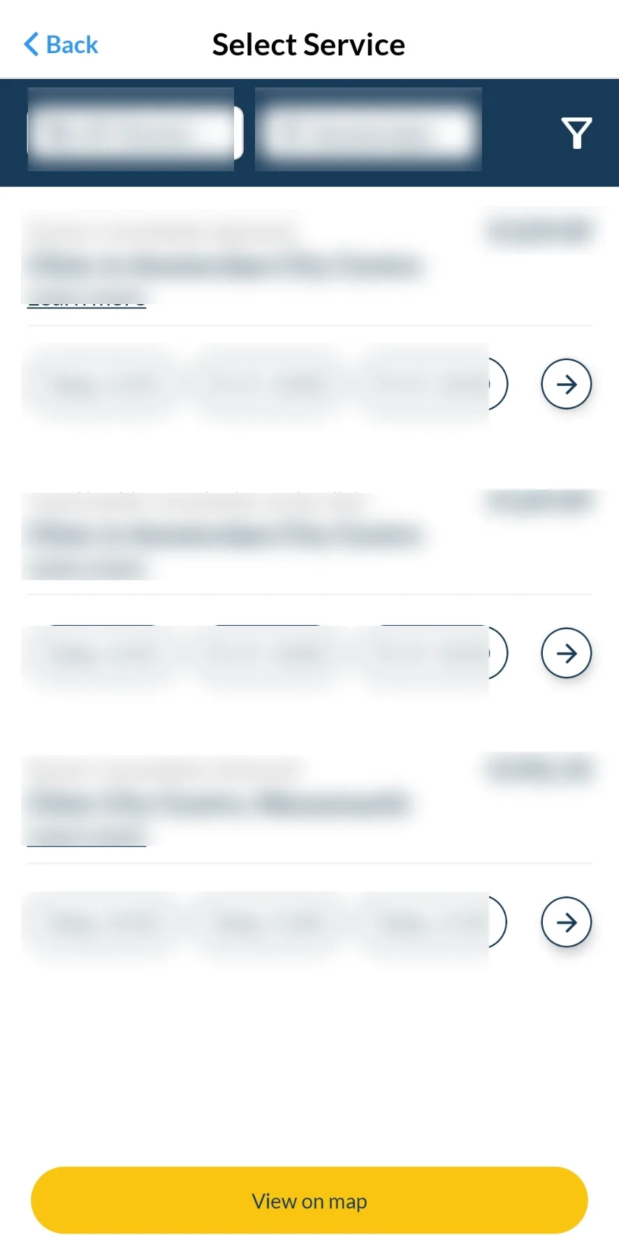 Health4Travel app results screen listing providers and appointment options with dynamic details obscured