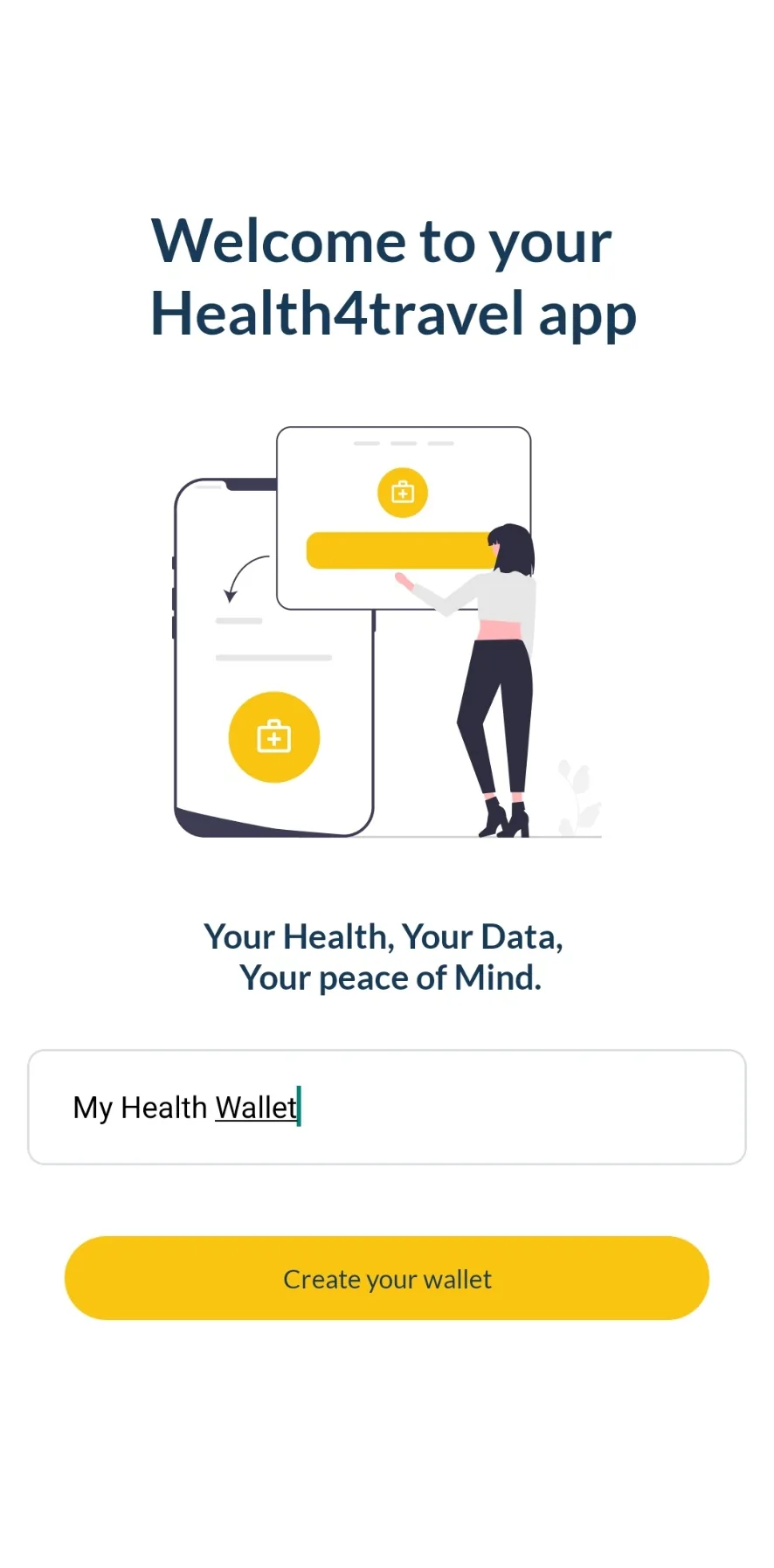 Health4Travel app screen for creating a personal Health Wallet before travelling