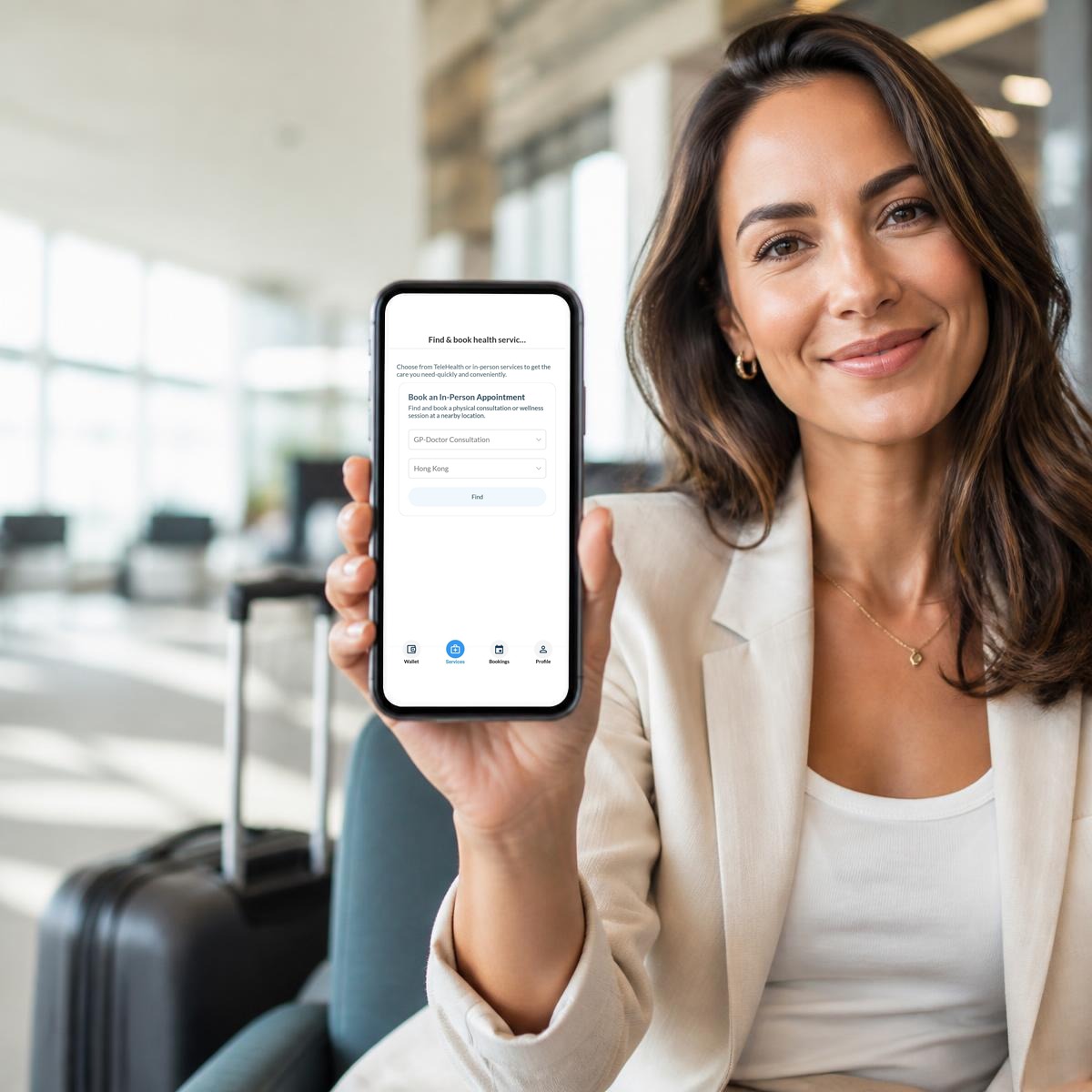 Traveller in an airport lounge holding a smartphone showing the Health4Travel app find and book health services screen