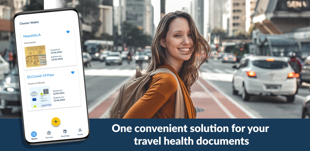 Illustrative member experience — travel health documents accessible during a trip.