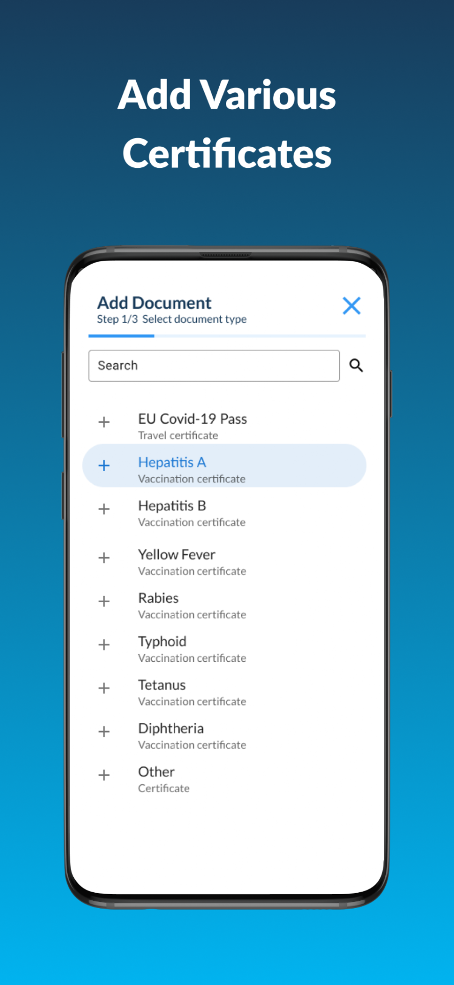 Illustrative member experience — add travel health documents and certificates to a mobile wallet.