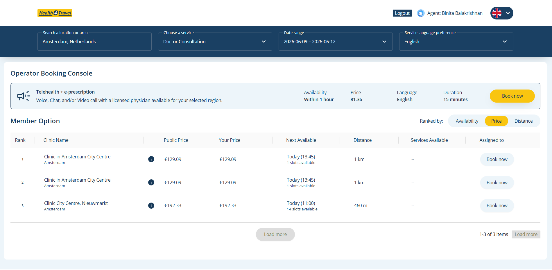 Agent Dashboard search results showing providers ranked by availability, price and distance