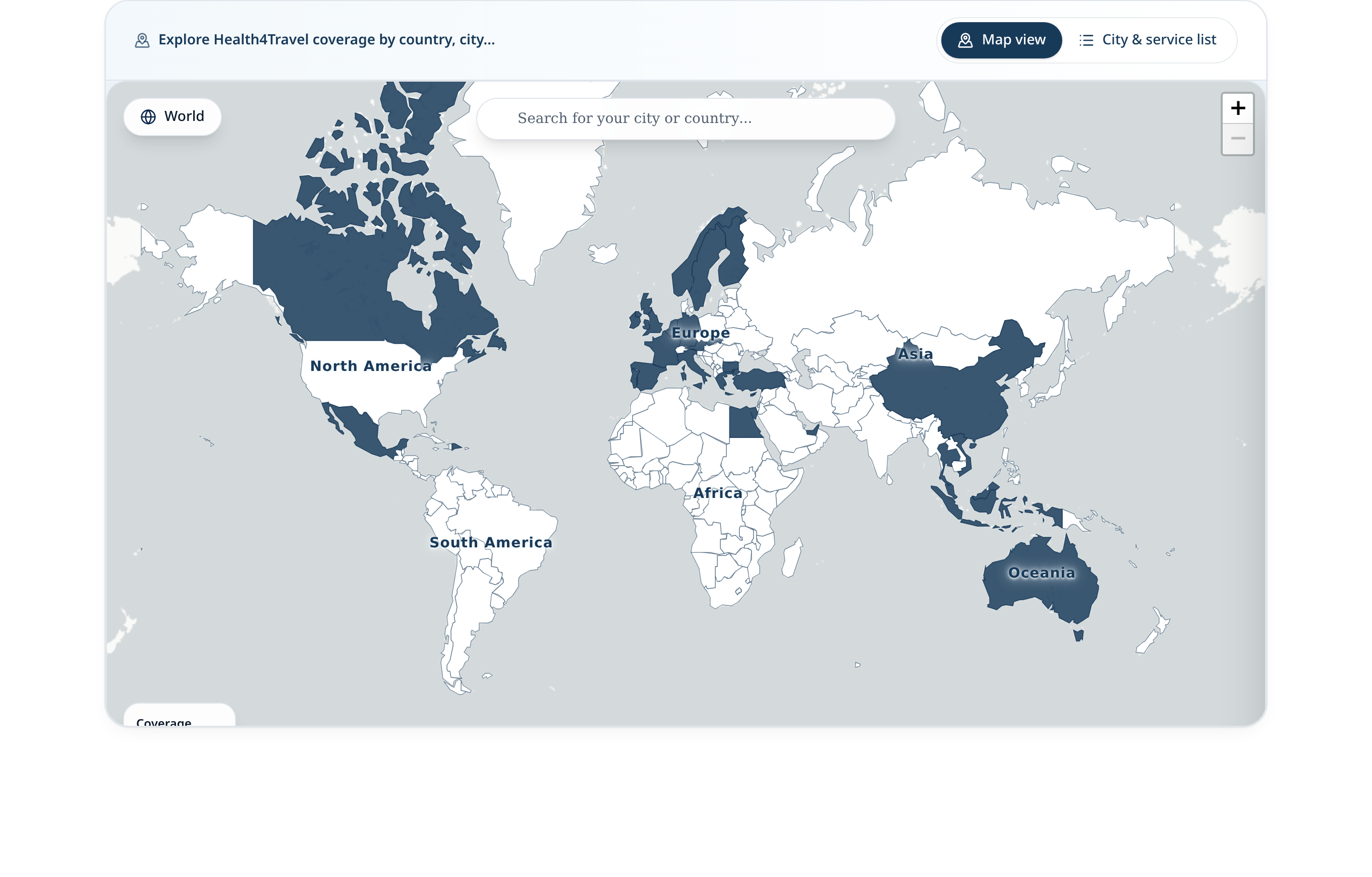 Health4Travel coverage map showing supported countries and cities.