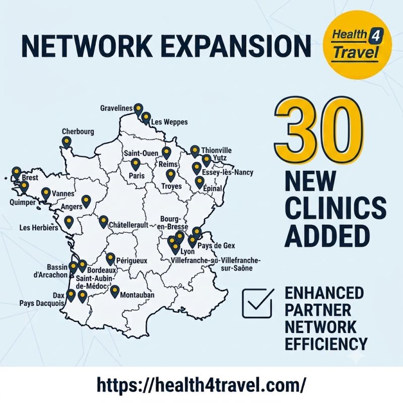 France provider network expansion — 30 new Health4Travel clinics across France.