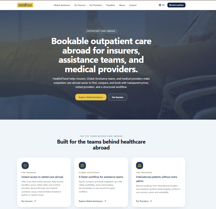New Health4Travel website — homepage with dedicated sections for insurers, assistance teams and medical providers.