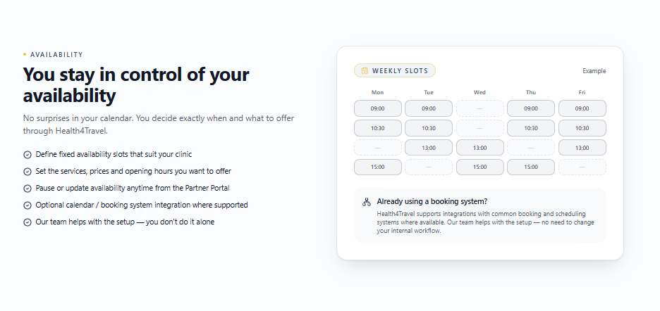 Health4Travel provider controls for services, pricing and appointment availability.