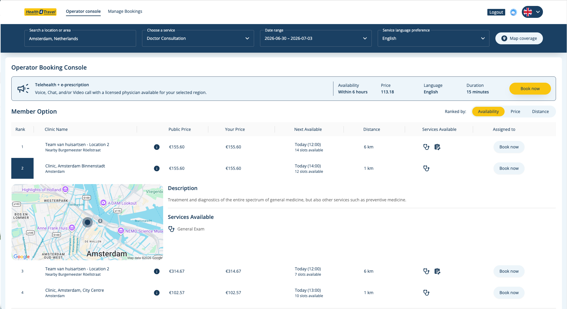 Health4Travel Agent Dashboard booking console used by assistance teams